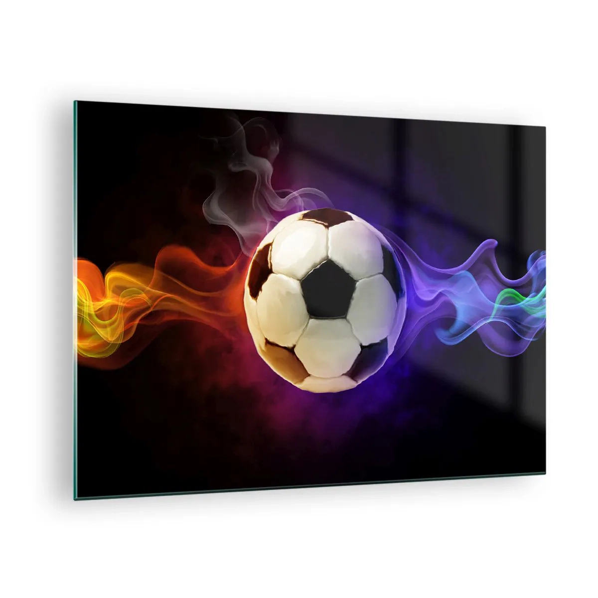 Obraz na skle - Futbalová lopta obklopená farebnými pruhmi - 70x50cm - Magická sila hry - Moderná nástenná dekorácia do obývacej izby a spálne ARTTOR