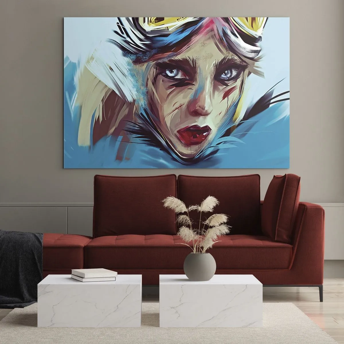 Obraz na skle - Portrét ženy s okuliarmi a modrými ťahmi štetcom - 70x50cm - Silničná bojovníčka - Moderná nástenná dekorácia do obývacej izby a spálne ARTTOR