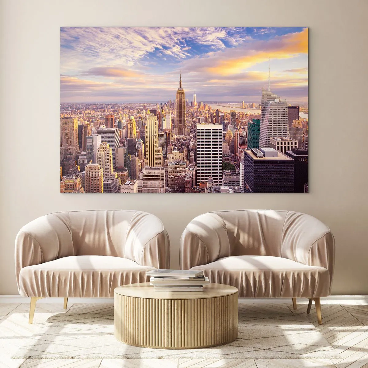 Obraz na skle - Panoráma mesta s mrakodrapmi pri západe slnka - 70x50cm - Dosiahnuť samotné oblaky - Moderná nástenná dekorácia do obývacej izby a spálne ARTTOR
