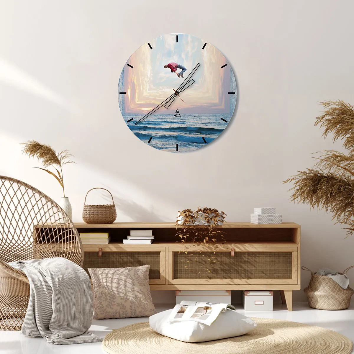 Nástenné hodiny - Skákajúca postava pri mori v surrealistickej krajine - 30x30cm - Do inej dimenzie - Moderná nástenná dekorácia do obývacej izby, kuchyne a spálne ARTTOR