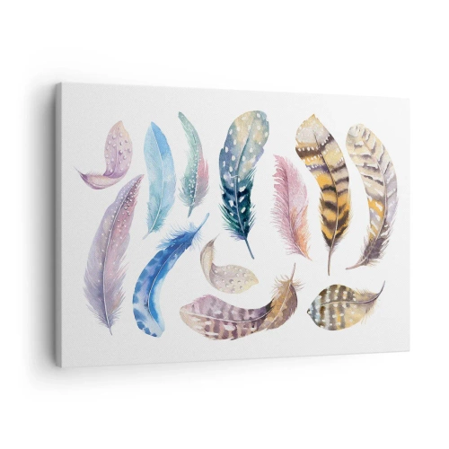 Obraz na plátne - Farebné perie v jemnom akvarelovom štýle - 70x50cm - Ľahké, strakaté a viacfarebné - Moderná nástenná dekorácia do obývacej izby a spálne ARTTOR