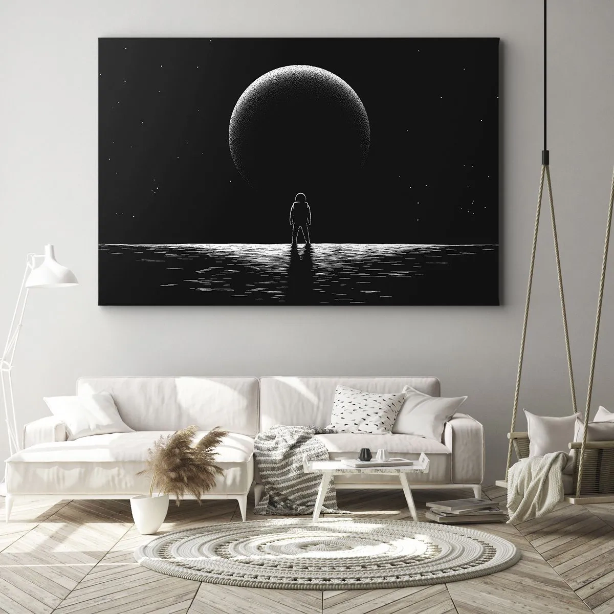 Obraz na plátne - Astronaut na pozadí veľkej planéty vo vesmíre - 70x50cm - Tvári v tvár - Moderná nástenná dekorácia do obývacej izby a spálne ARTTOR