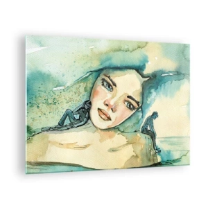 Obraz na skle - Portrét ženy v akvarelovom štýle so siluetami postáv - 70x50cm - Am I blue? - Moderná nástenná dekorácia do obývacej izby a spálne ARTTOR