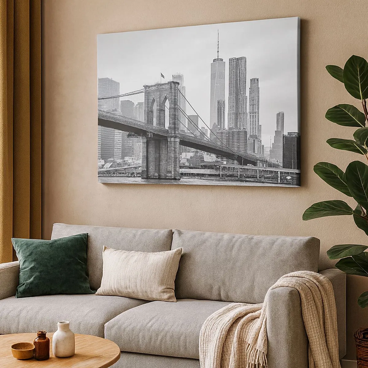 Obraz na plátne - Brooklynský most s newyorskými mrakodrapmi v pozadí - 70x50cm - Newyorské zázraky - Moderná nástenná dekorácia do obývacej izby a spálne ARTTOR