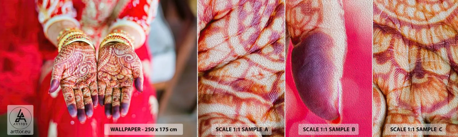 Vzorka fototapety Premium Sand - Pripravená chytiť šťastie - Dámske ruky, Orientálne vzory, India - 100x30 cm