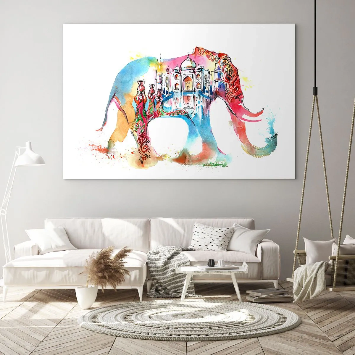 Obraz na skle - Farebná akvarelová maľba slona s indickým motívom - 70x50cm - India - aura lásky - Moderná nástenná dekorácia do obývacej izby a spálne ARTTOR