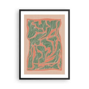 Plagát v čiernom ráme - Abstraktný listový vzor v odtieňoch zelenej a terakoty - 50x70cm - Súboj koralov a zelene - Moderná nástenná dekorácia do obývacej izby a spálne ARTTOR