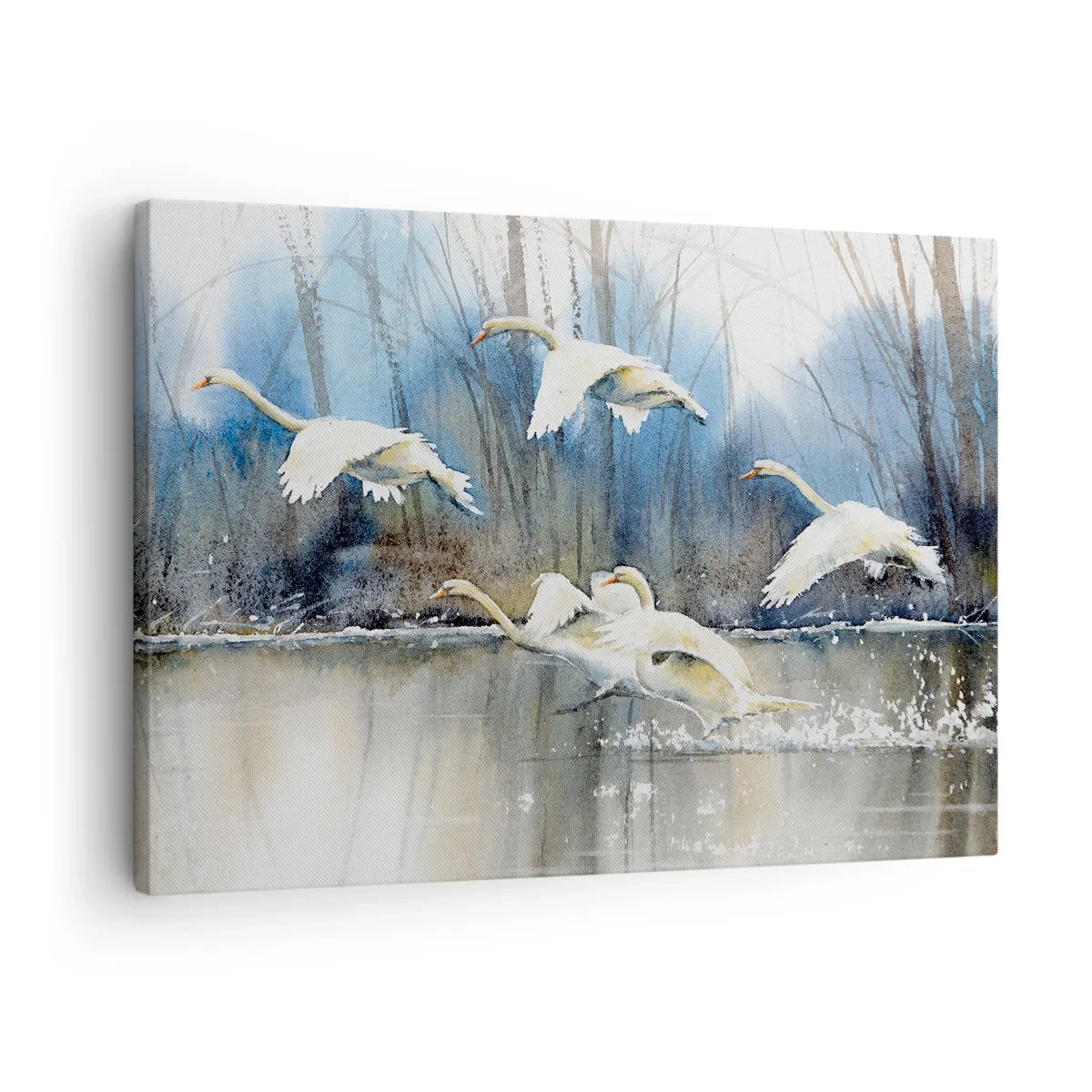 Obraz na plátne - Labute letia nad zamrznutým jazerom v zimnej krajine - 70x50cm - Ako v poviedke o divokých labutiach - Moderná nástenná dekorácia do obývacej izby a spálne ARTTOR