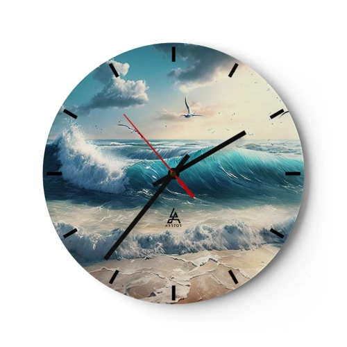 Nástenné hodiny - Rozbúrené oceánske vlny narážajúce na piesočnaté pobrežie - 30x30cm - Šušťanie len pre teba - Moderná nástenná dekorácia do obývacej izby, kuchyne a spálne ARTTOR