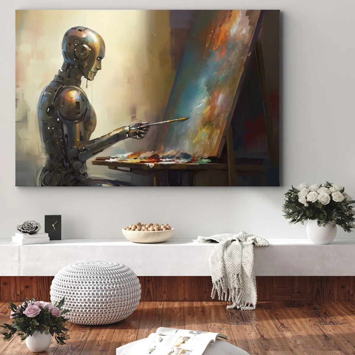 Obraz na plátne - Robot maľujúci na plátno umeleckým štýlom - 70x50cm - Umenie budúcnosti - Moderná nástenná dekorácia do obývacej izby a spálne ARTTOR