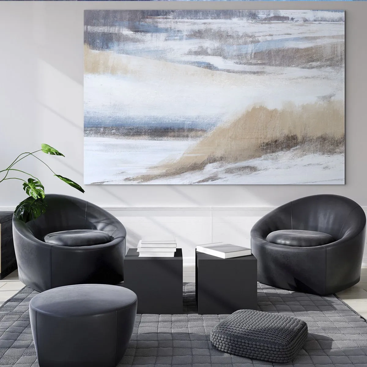 Obraz na skle - Jemná abstrakcia v chladných béžových a modrých tónoch. - 70x50cm - Zimná kompozícia - Moderná nástenná dekorácia do obývacej izby a spálne ARTTOR