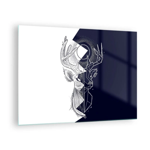 Obraz na skle - Geometrická kresba jeleňa na čiernobielom pozadí - 70x50cm - Boj a jednota opakov - Moderná nástenná dekorácia do obývacej izby a spálne ARTTOR