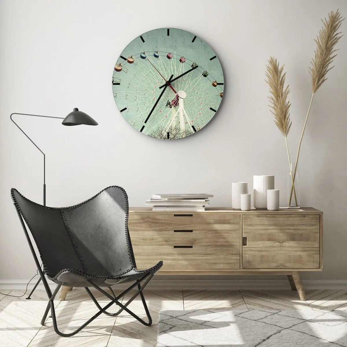 Nástenné hodiny - Farebné ruské koleso na tyrkysovom pozadí - 30x30cm - Pozývame vás na zábavu - Moderná nástenná dekorácia do obývacej izby, kuchyne a spálne ARTTOR