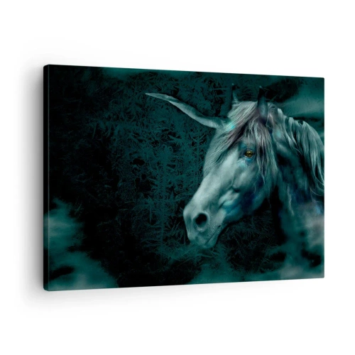 Obraz na plátne - Magický jednorožec v tajomnom, tmavom lese s fantastickými farbami. - 70x50cm - V rozprávkovom lese - Moderná nástenná dekorácia do obývacej izby a spálne ARTTOR