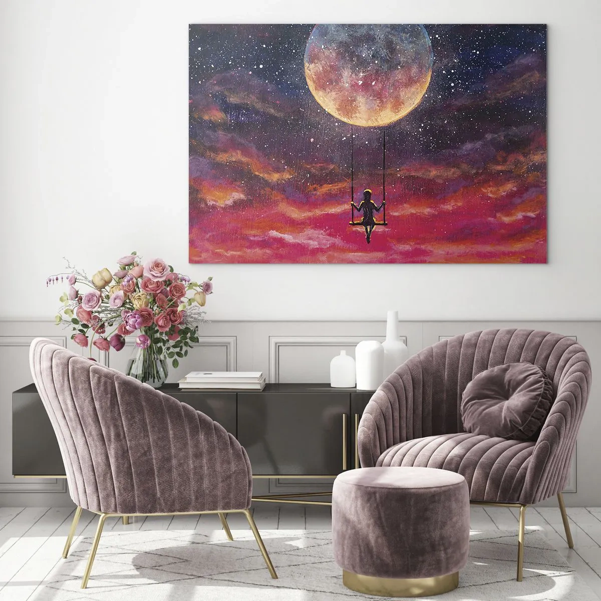 Obraz na skle - Dievča na hojdačke zavesené pod mesiacom - 70x50cm - Stavať si vzdušné zámky - Moderná nástenná dekorácia do obývacej izby a spálne ARTTOR