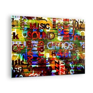 Obraz na skle - Farebné nápisy na umeleckom mozaikovom pozadí - 70x50cm - Všetky farby tónu - Moderná nástenná dekorácia do obývacej izby a spálne ARTTOR