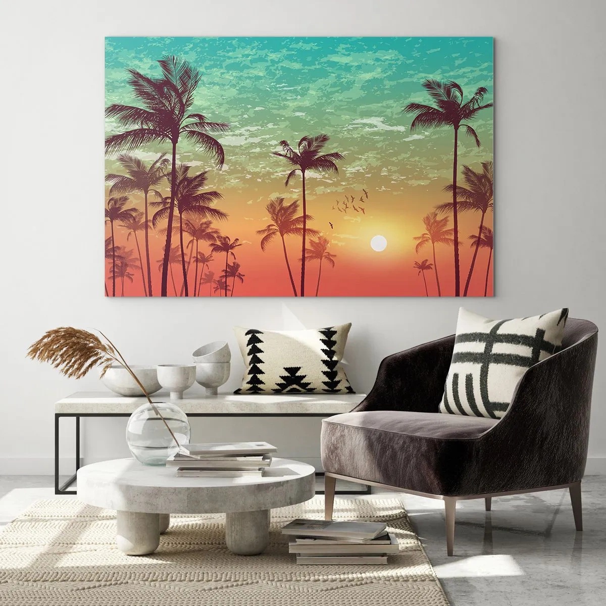 Obraz na skle - Ilustrácia paliem pri západe slnka - 70x50cm - Tropická klíma - Moderná nástenná dekorácia do obývacej izby a spálne ARTTOR