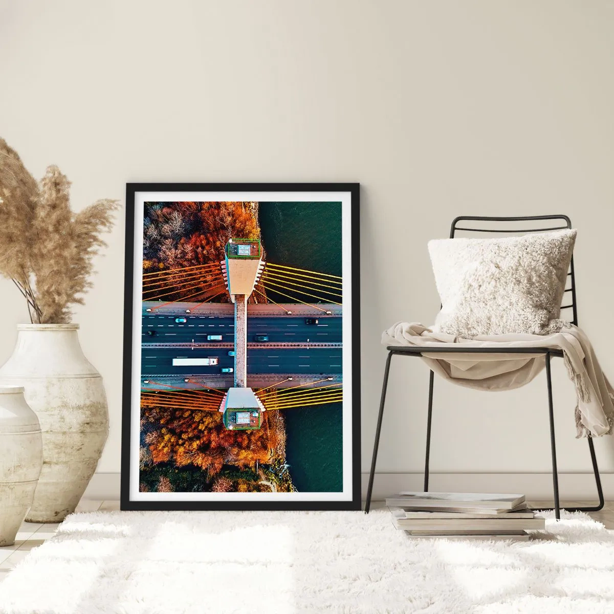 Plagát v čiernom ráme - Pohľad zhora na moderný most s autami a žltými lanami - 50x70cm - Za vodami, za lesmi - Moderná nástenná dekorácia do obývacej izby a spálne ARTTOR
