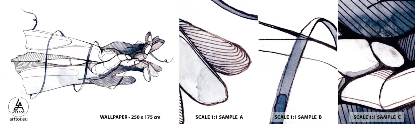 Vzorka samolepiacej fototapety Deluxe Sticker - Štúdia o dotyku - Abstrakcia, Ruky, Grafika - 100x30 cm