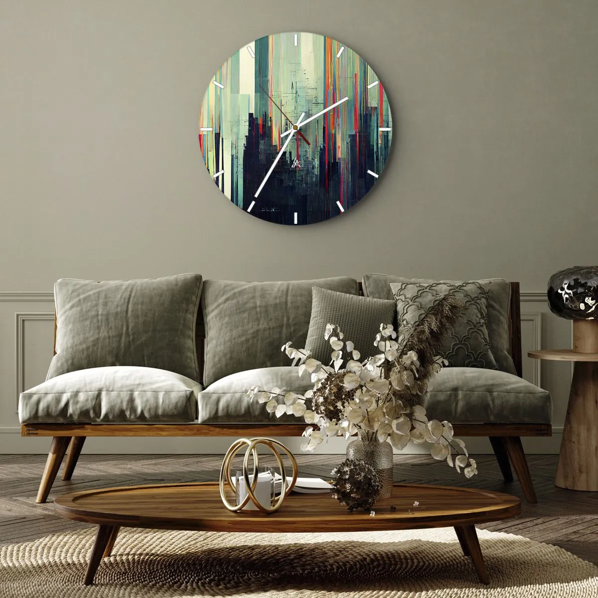 Nástenné hodiny - Farebná abstrakcia so zvislými čiarami pripomínajúca mesto - 30x30cm - Futuristické mesto - Moderná nástenná dekorácia do obývacej izby, kuchyne a spálne ARTTOR