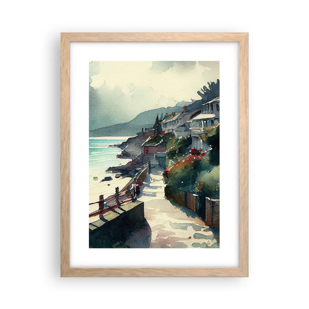 Plagát v ráme zo svetlého duba - Stredomorské mestečko - 30x40 cm