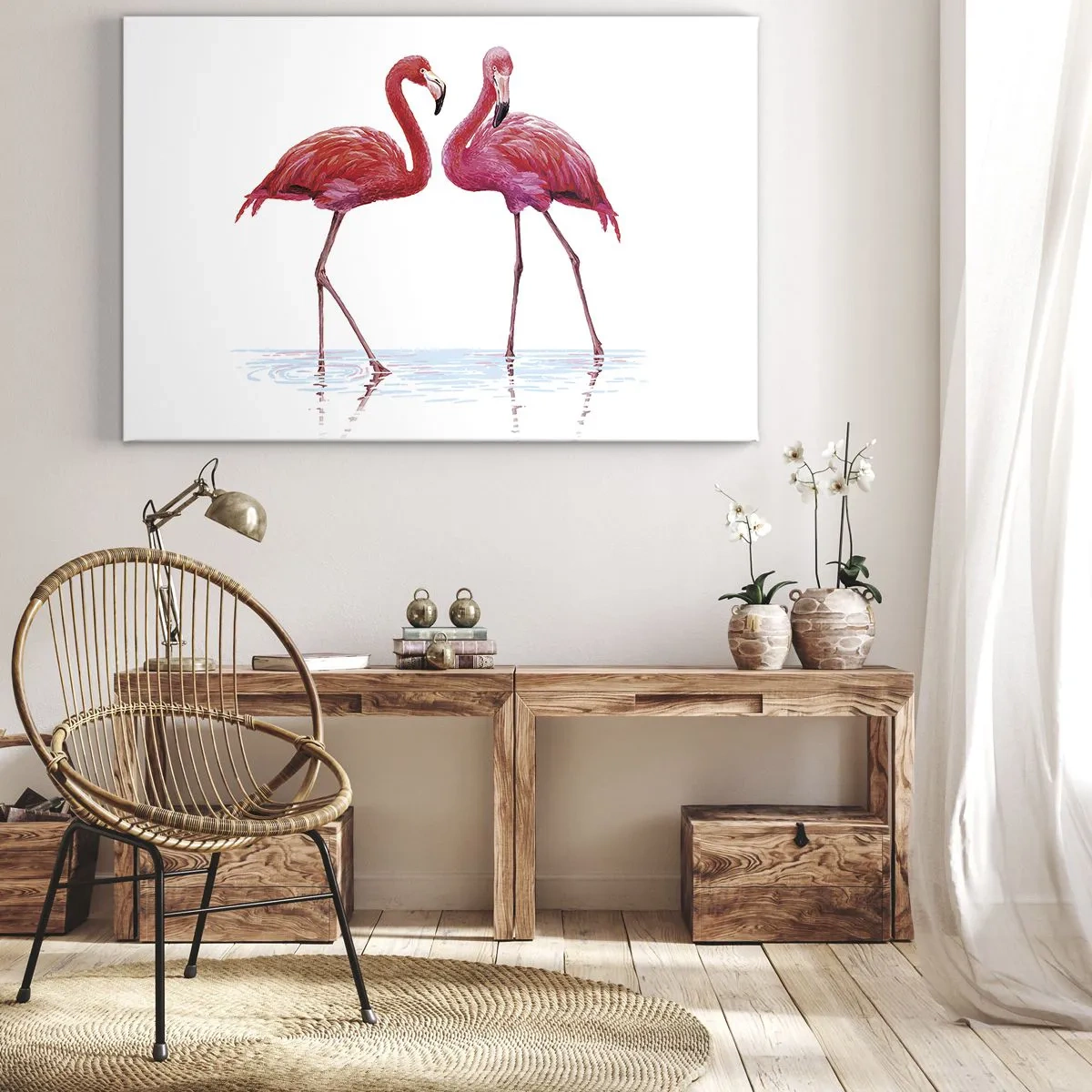 Obraz na plátne - Pár plameniakov vo vode na svetlom pozadí - 70x50cm - Ružové rendez-vous - Moderná nástenná dekorácia do obývacej izby a spálne ARTTOR