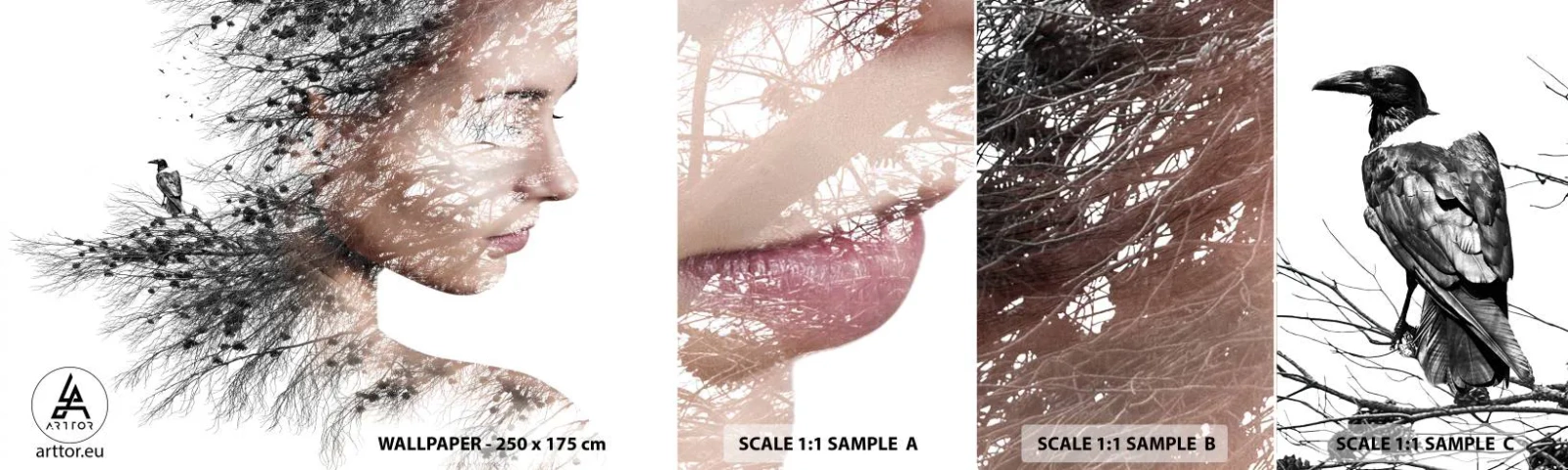 Vzorka samolepiacej fototapety Deluxe Sticker - Duch lesa - Abstrakcia, Ženská tvár, Strom - 100x30 cm