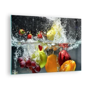 Obraz na skle - Ovocie ponorené vo vode s dynamickými striekajúcimi farbami - 70x50cm - Ovocné osvieženie - Moderná nástenná dekorácia do obývacej izby a spálne ARTTOR