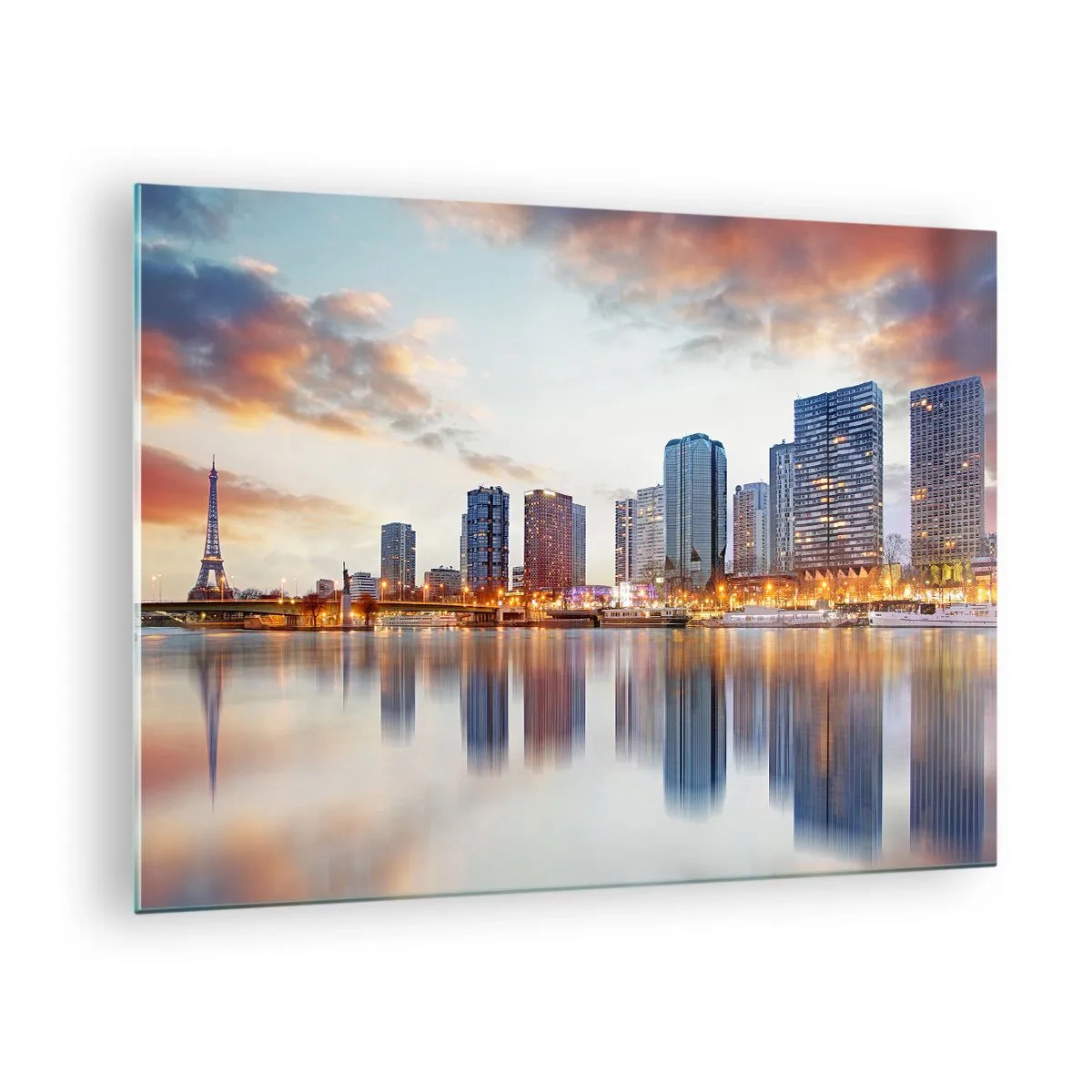 Obraz na skle - Panoráma Paríža s Eiffelovou vežou a modernými budovami za súmraku - 70x50cm - Monumentálny pokoj Paríža - Moderná nástenná dekorácia do obývacej izby a spálne ARTTOR