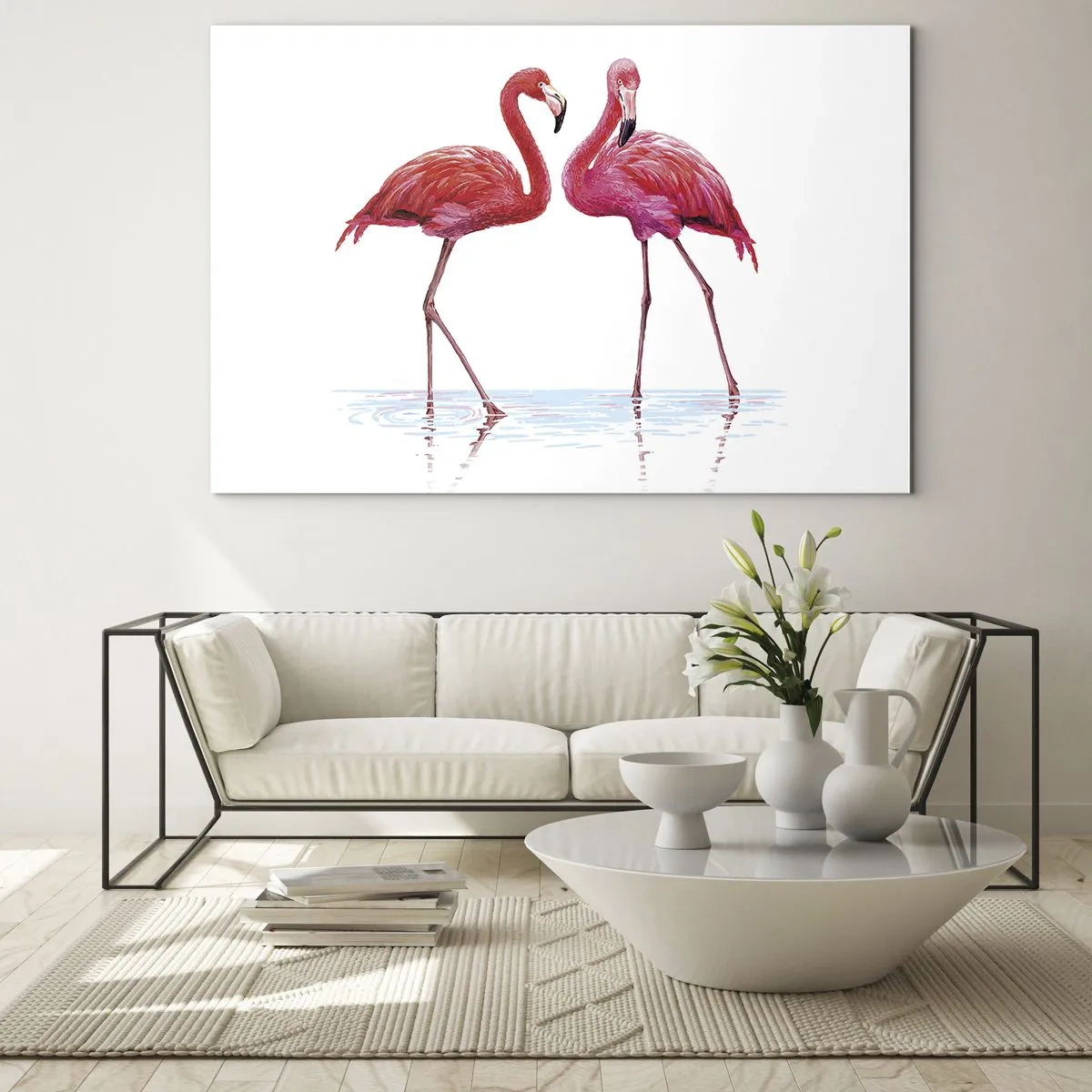Obraz na skle - Dva ružové plameniaky stojace vo vode - 70x50cm - Ružové rendez-vous - Moderná nástenná dekorácia do obývacej izby a spálne ARTTOR