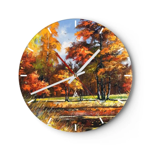 Nástenné hodiny - Jesenný les s farebnými listami a teplým svetlom na pozadí pokojnej krajiny - 30x30cm - Krajinka v zlatej a hnedej - Moderná nástenná dekorácia do obývacej izby, kuchyne a spálne ARTTOR