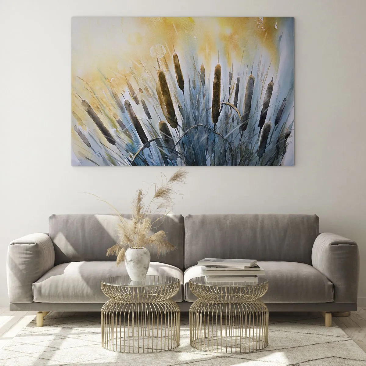 Obraz na skle - Maľované orobince proti slnečnej oblohe - 70x50cm - Chlad vody, žiara slnka - Moderná nástenná dekorácia do obývacej izby a spálne ARTTOR