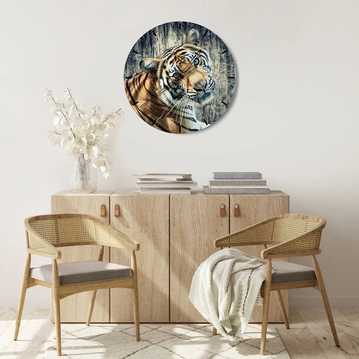 Nástenné hodiny - Portrét tigra pri kamennej stene - 30x30cm - Portrét v prameňoch svetla - Moderná nástenná dekorácia do obývacej izby, kuchyne a spálne ARTTOR