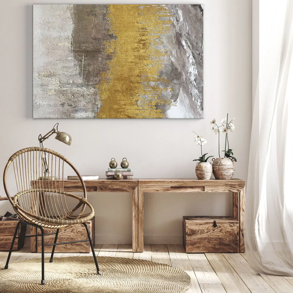 Obraz na plátne - Zlatý a béžový abstraktný vzor - 70x50cm - Zlatistý závan - Moderná nástenná dekorácia do obývacej izby a spálne ARTTOR