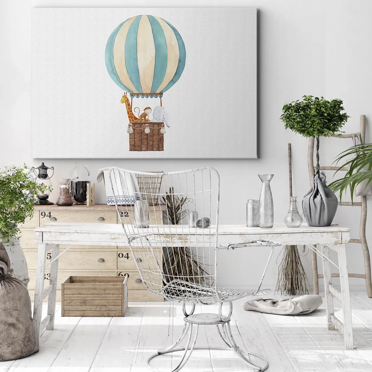 Obraz na plátne - Balón s roztomilými zvieratkami v pastelových farbách - 70x50cm - Fantastický výlet - Moderná nástenná dekorácia do obývacej izby a spálne ARTTOR