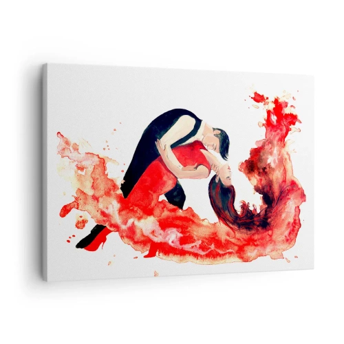 Obraz na plátne - Dynamický akvarelový obraz tanečného páru v červených farbách. - 70x50cm - Tango - zmyselná vlna - Moderná nástenná dekorácia do obývacej izby a spálne ARTTOR