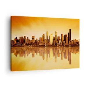 Obraz na plátne - Panoráma mesta sa odráža vo vode pri západe slnka - 70x50cm - Ticho metropoly - Moderná nástenná dekorácia do obývacej izby a spálne ARTTOR