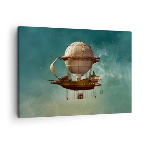 Obraz na plátne - Fantastická vzducholoď na pozadí zelenkastej oblohy - 70x50cm - Julius Verne pozdravuje - Moderná nástenná dekorácia do obývacej izby a spálne ARTTOR