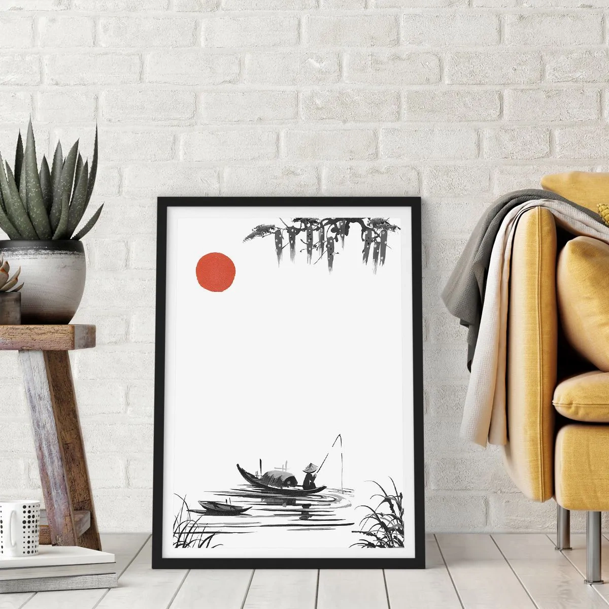 Plagát v čiernom ráme - Minimalistický obraz rybára v člne s červeným slnkom. - 50x70cm - Ázijské popoludnie - Moderná nástenná dekorácia do obývacej izby a spálne ARTTOR