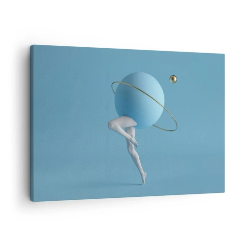 Obraz na plátne - Modrá guľa s obežnou dráhou a ľudskými nohami proti oblohe - 70x50cm - Šialenstvo planét - Moderná nástenná dekorácia do obývacej izby a spálne ARTTOR