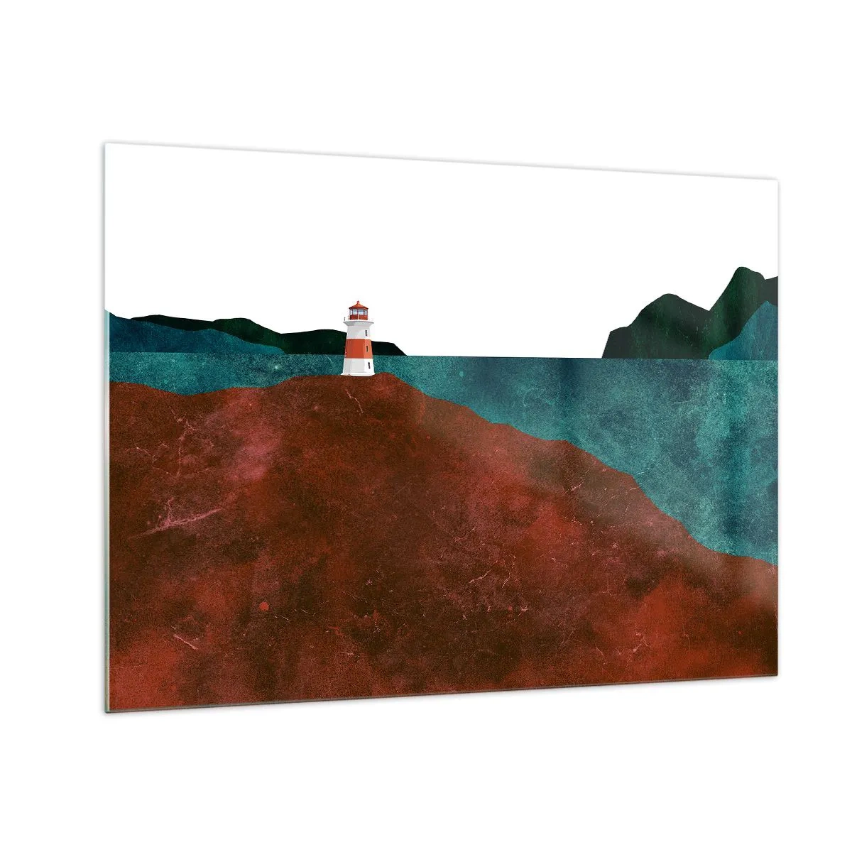 Obraz na skle - Maják na pozadí tyrkysového mora a červených útesov - 70x50cm - Hľadiaca na more - Moderná nástenná dekorácia do obývacej izby a spálne ARTTOR