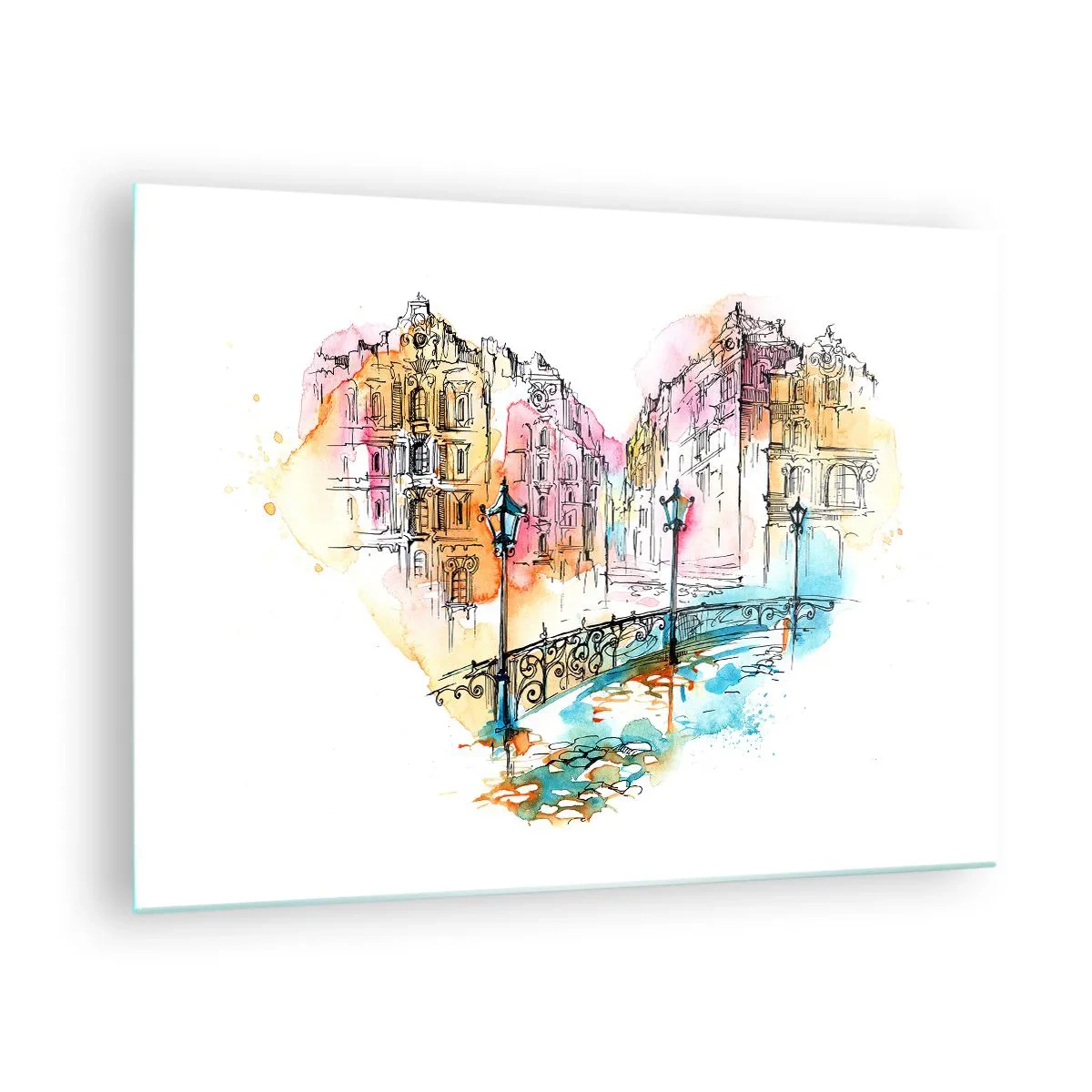 Obraz na skle - Romantické činžiakové domy so srdcovým mostom, akvarel - 70x50cm - Srdce mesta - Moderná nástenná dekorácia do obývacej izby a spálne ARTTOR