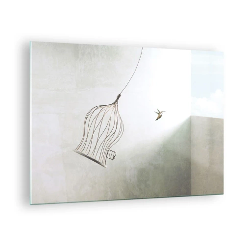 Obraz na skle - Otvorená klietka a kolibrík odlietajúci za denného svetla - 70x50cm - Vo svojom živle - Moderná nástenná dekorácia do obývacej izby a spálne ARTTOR