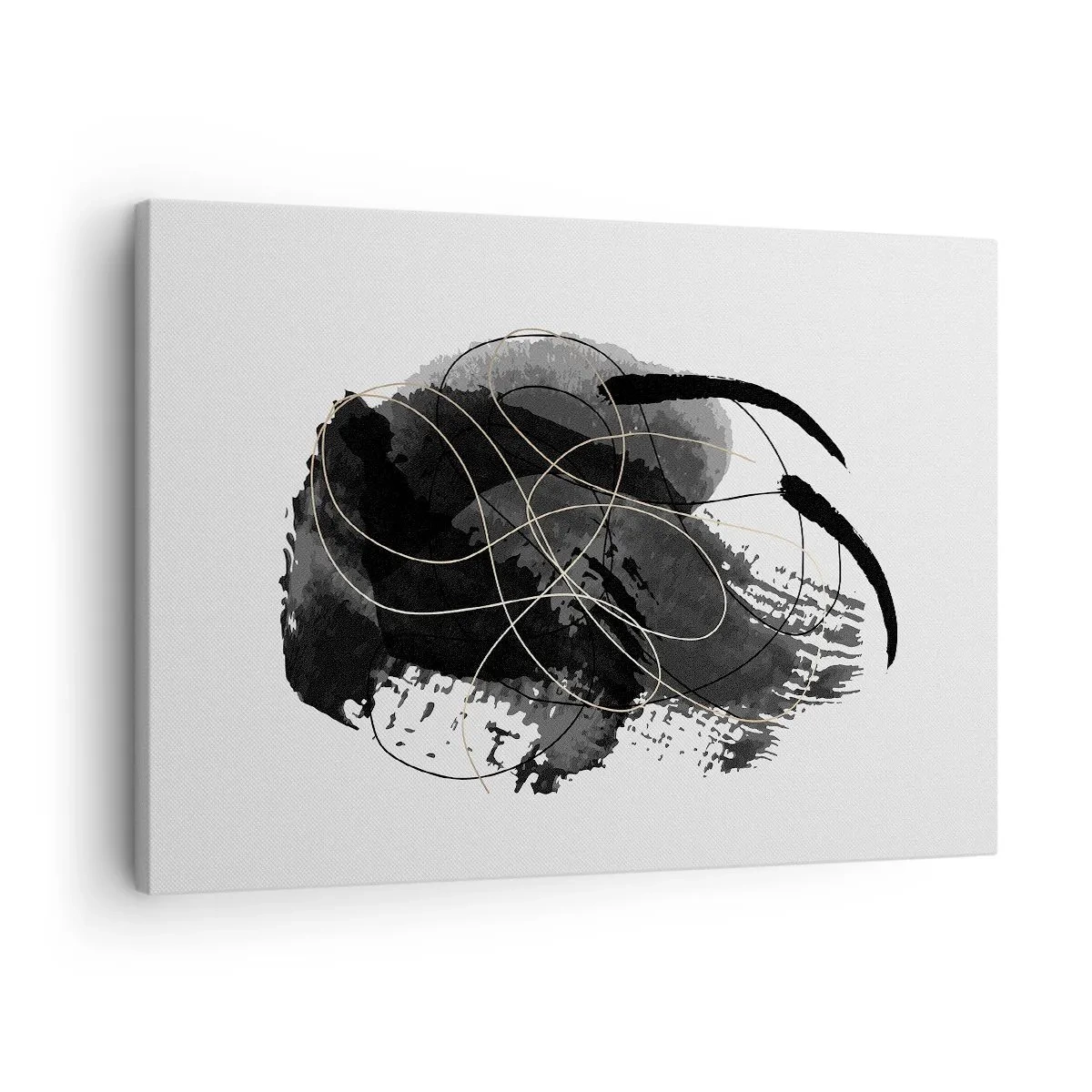 Obraz na plátne - Abstrakcia v čiernej a zlatej farbe na bielom pozadí - 70x50cm - Upletené z čiernej - Moderná nástenná dekorácia do obývacej izby a spálne ARTTOR