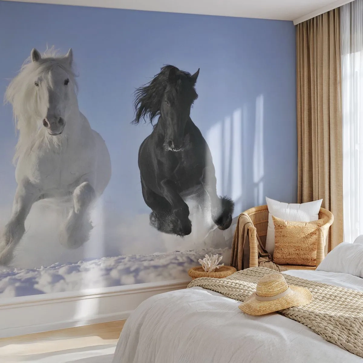 Samolepiaca Fototapeta Deluxe Sticker - Čierno-biely cval - Zvieratá, Kôň, Zima - 250x175 cm