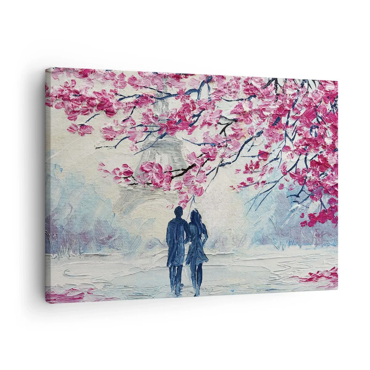 Obraz na plátne - Pár pod kvitnúcimi ružovými stromami v romantickom prostredí - 70x50cm - Romantická prechádzka - Moderná nástenná dekorácia do obývacej izby a spálne ARTTOR