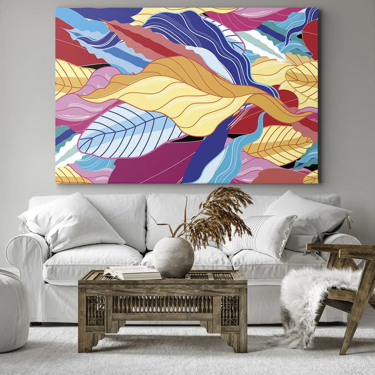 Obraz na plátne - Živo sfarbené listy vytvárajú dynamickú kompozíciu - 70x50cm - Farebný neporiadok - Moderná nástenná dekorácia do obývacej izby a spálne ARTTOR