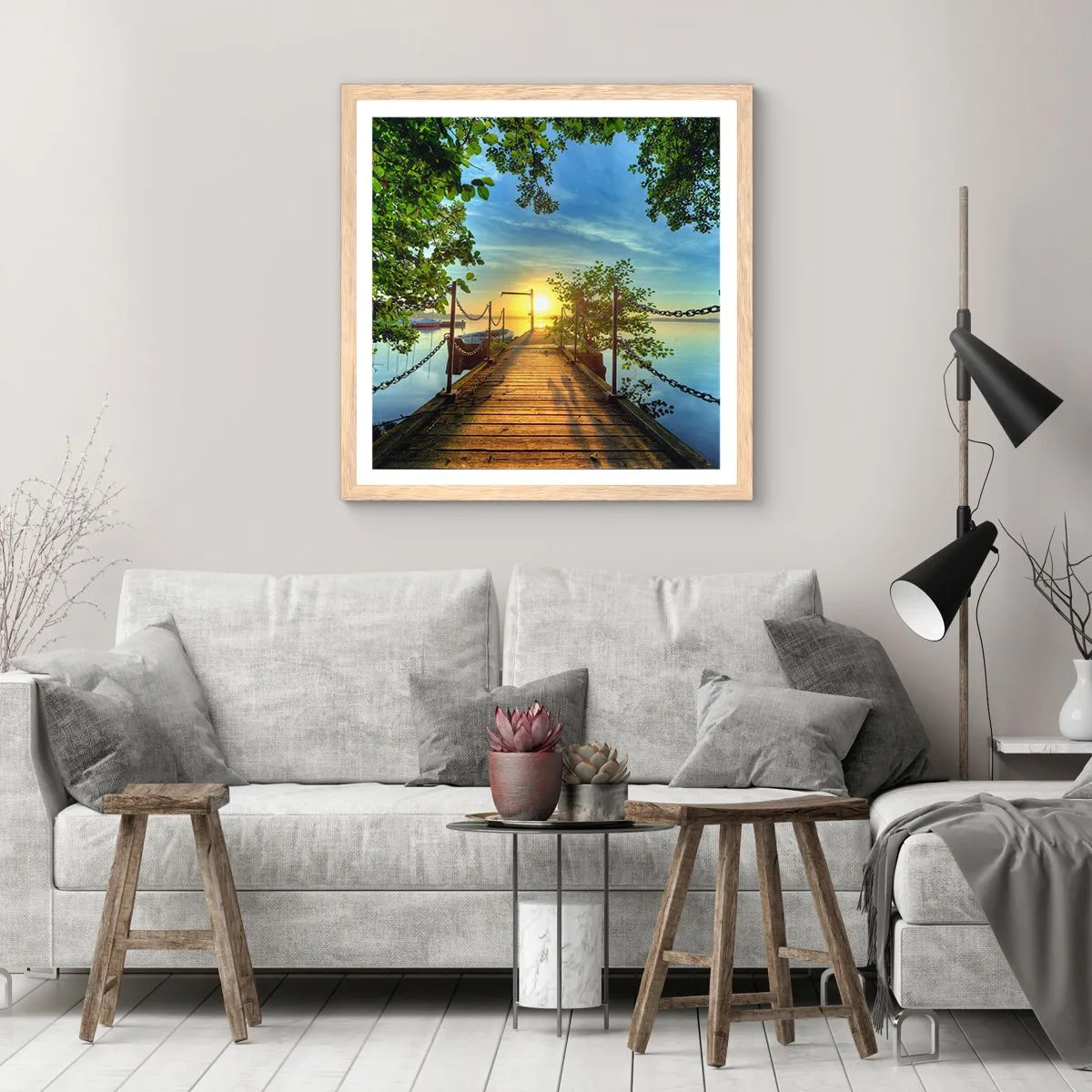 Plagát v ráme zo svetlého duba - Západ pri vode - 30x30 cm
