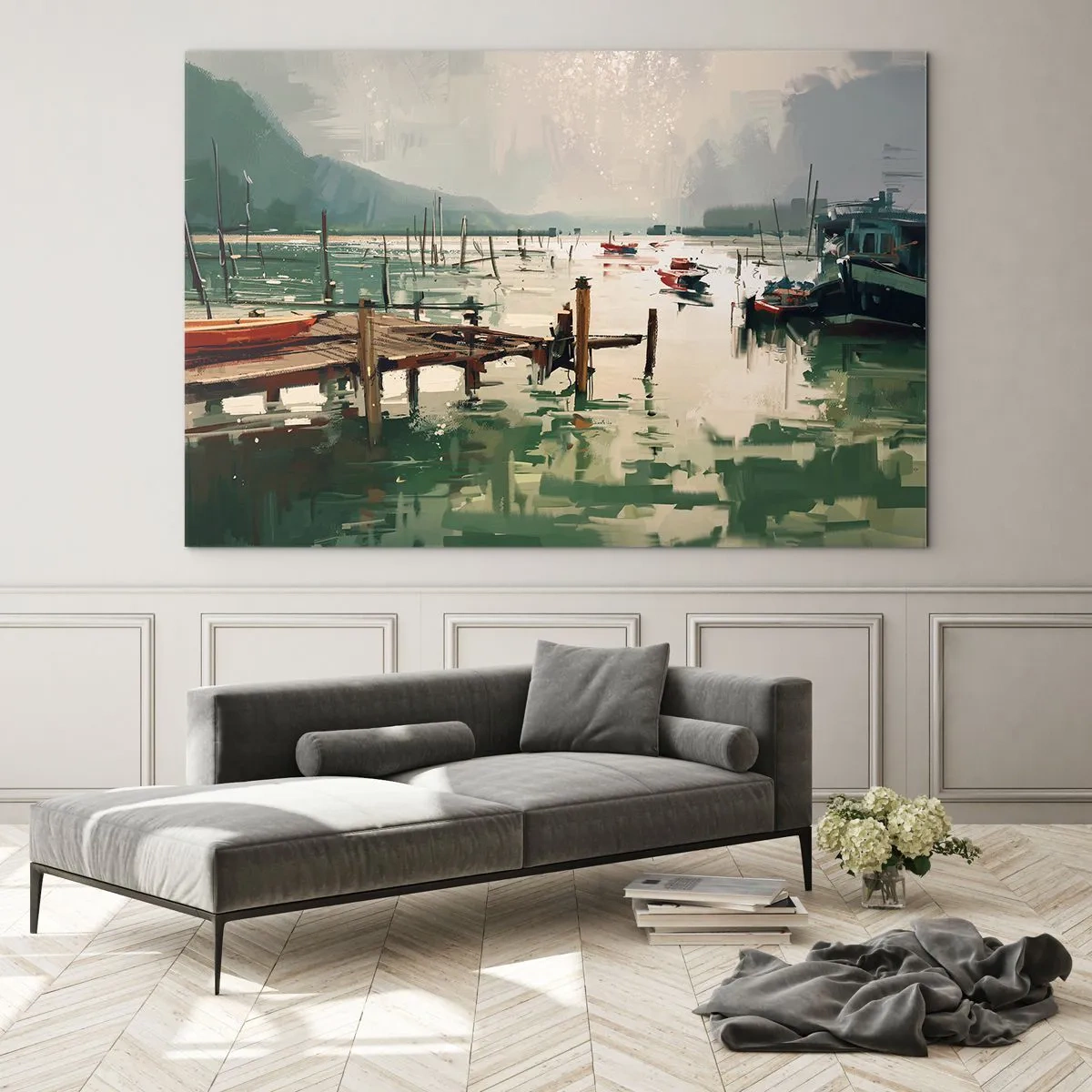 Obraz na skle - Drevené mólo a lode na pokojnej vode obklopené horami - 70x50cm - Zaliate roztaveným mesiacom - Moderná nástenná dekorácia do obývacej izby a spálne ARTTOR