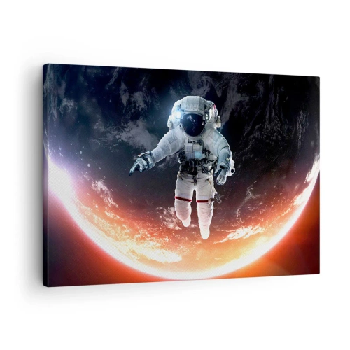 Obraz na plátne - Astronaut vznášajúci sa nad slnkom osvetlenou Zemou - 70x50cm - Môžem zostať ešte chvíľku? - Moderná nástenná dekorácia do obývacej izby a spálne ARTTOR